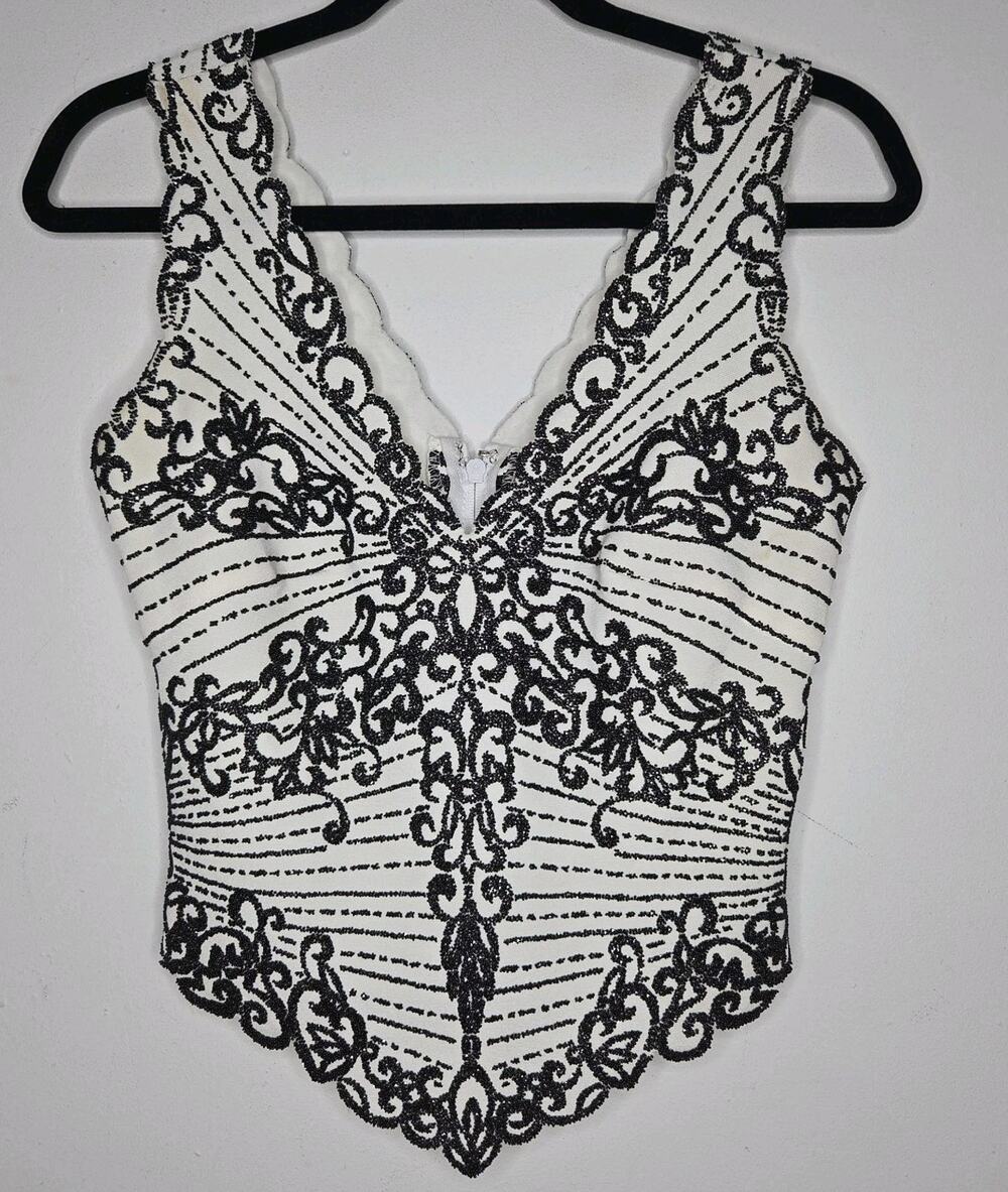 Vintage Tadashi Top Womens US S / UK M Beaded White Black Baroque Vest 90s USA
